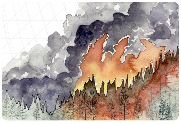 Large wildfires are happening more frequently and burning more area across the western U.S. in part due to rising temperatures. The global average temperature is shown between the flames and the forest.