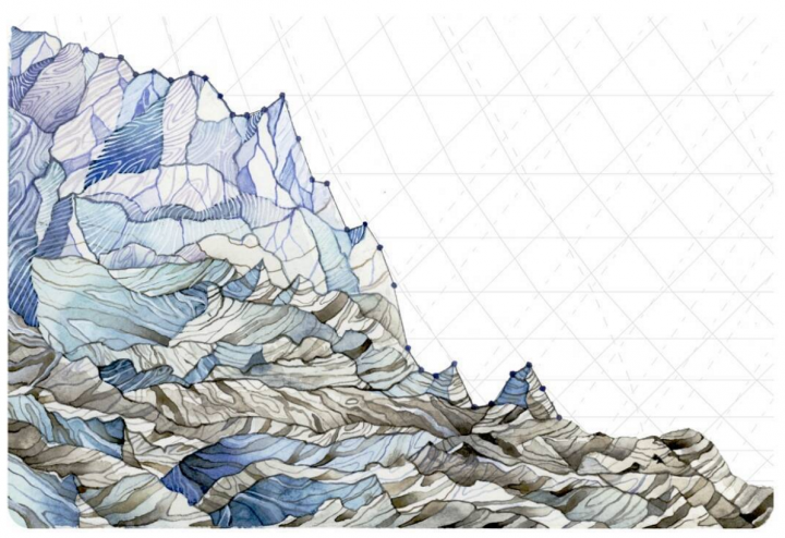 Glaciers are losing mass in the North Cascades, where Pelto's father has done work for decades monitoring glacier retreat and related changes. Annual glacier mass balance data is represented in the painting.