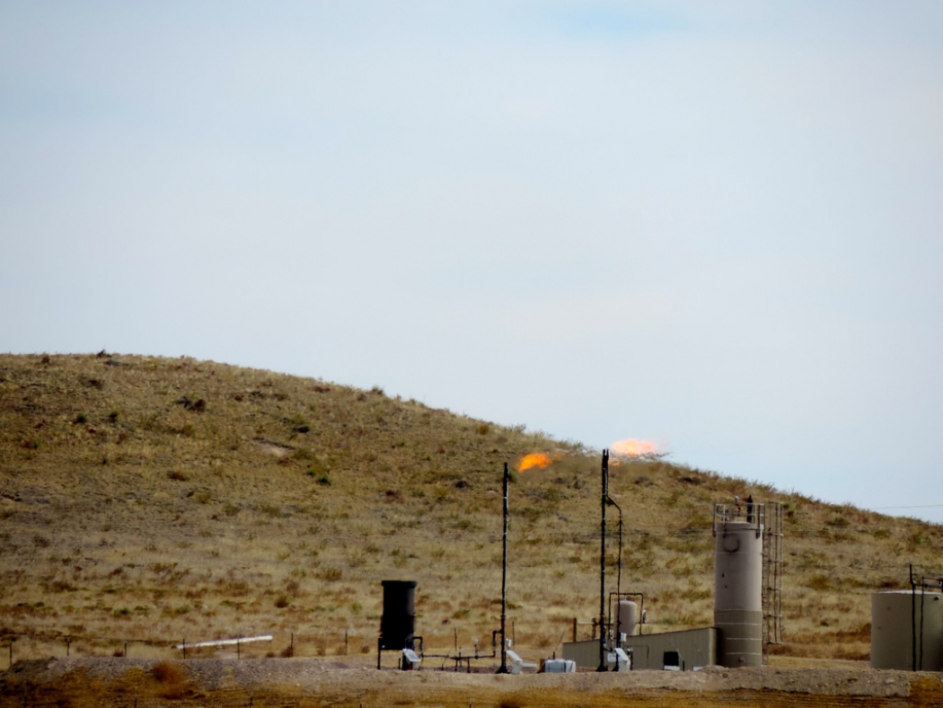 An oil and gas well flaring gas in northeast Colorado.