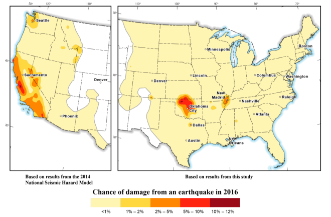 A USGS map of earthquake risk for 2016.