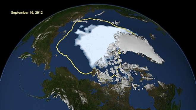 Arctic sea ice extent hit a new low in 2012, compared to the average minimum extent over the previous 30 years. 