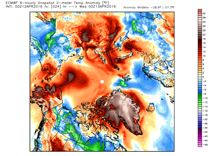 Temperatures anomalies for Wednesday afternoon forecast by the Euro model. In Greenland, the temperature could reach as high as 57 degrees F above normal.