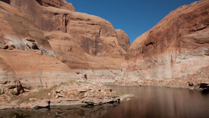 ow water levels in late 2014 at Lake Powell, which is a Colorado River water reservoir built along the border of Utah and Arizona.