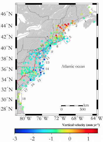 Rates of land subsidence, according to new study.