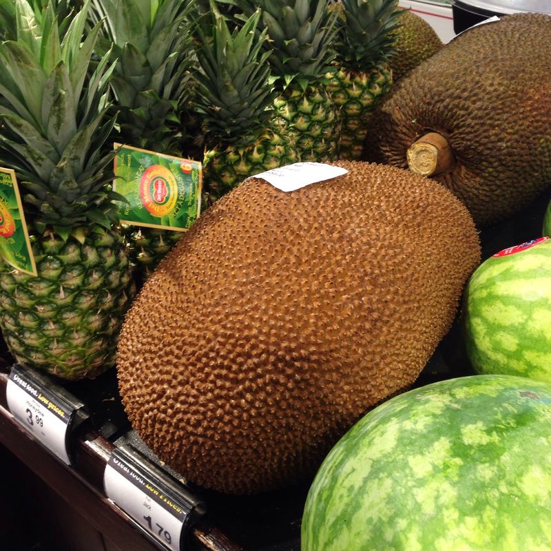 A very ripe jackfruit, spotted at my local grocery store.