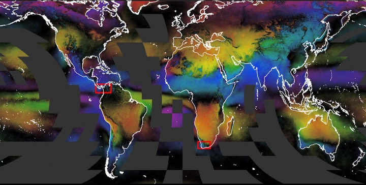 Seasonal cloud concentration by month. Darker colors indicate less of a seasonal trend in cloudiness.