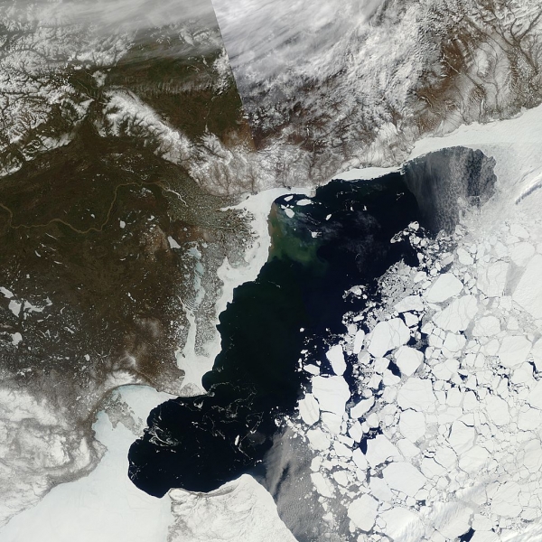 The May 21 view of Arctic sea ice in the Beaufort Sea, showing early ice thinning and melting.