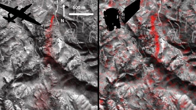 Comparison of detected methane plumes over Aliso Canyon, California, acquired 11 days apart in Jan. 2016. 