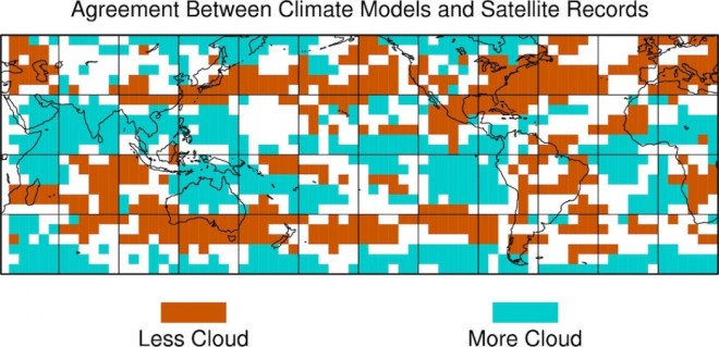 Locations where the majority of climate models and the majority of satellite records agree on how cloudiness changed from the 1980s to the 2000s, relative to the global mean change.