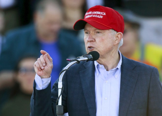 U.S. Senator Jeff Sessions speaks to supporters of U.S. Republican presidential candidate Donald Trump after he endorsed Trump at a rally at Madison City Schools Stadium in Madison