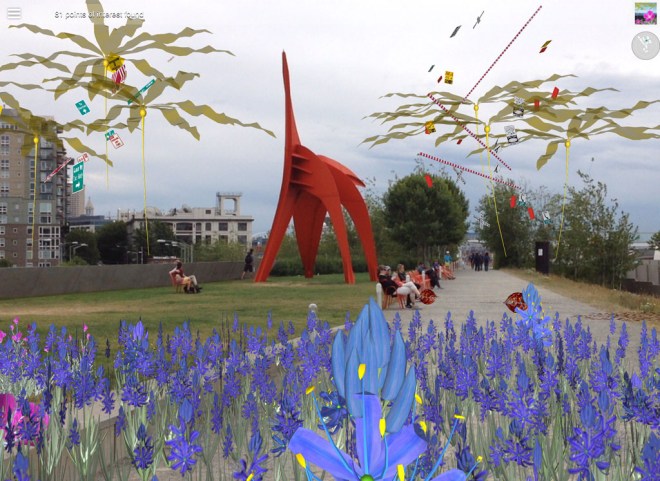 Bull whip kelp and Radar Camas blooms floating around Alexander Calder's "Eagle." 