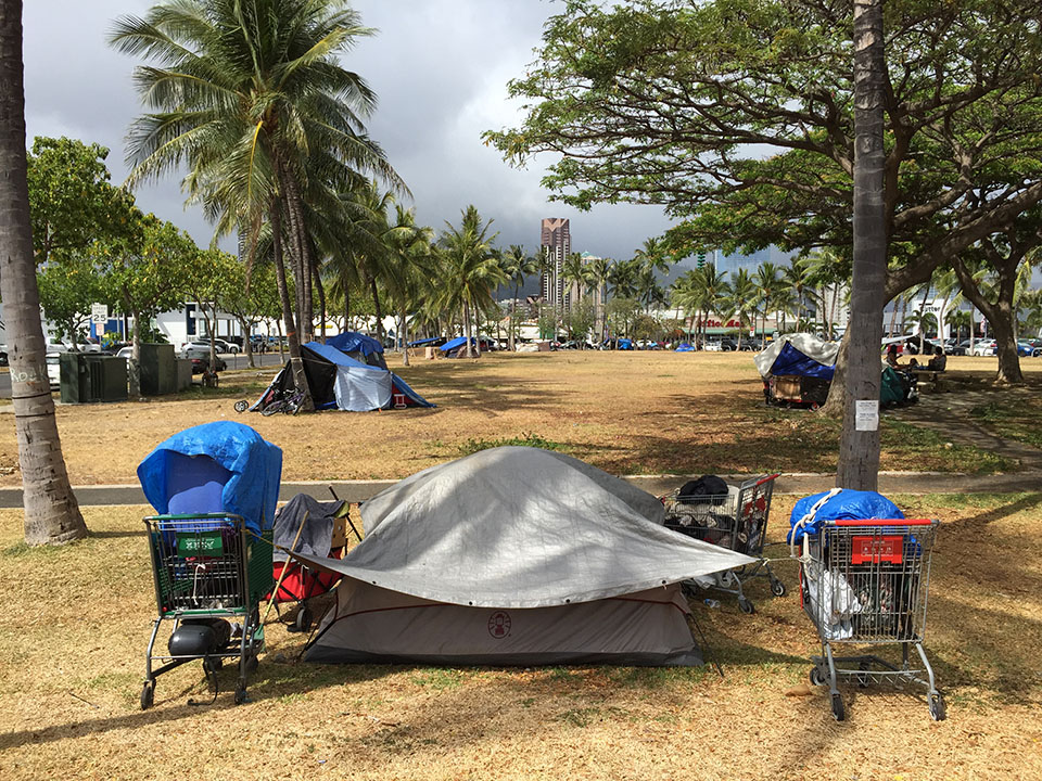 A homeless encampment in Kakaako Waterfront Park