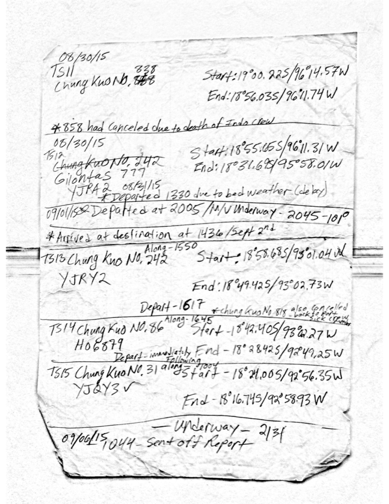 In handwritten notes, Keith Davis recorded that an Indonesian crewmember on a long-liner had died, but didn’t mention the cause. A few days later, he noted that a long-line crewmember on another vessel was seriously ill.