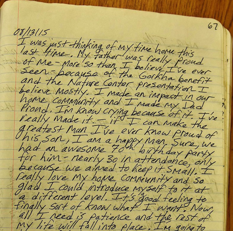 Keith Davis’ Aug. 13, 2015, journal entry reflects on his life and his father: “I’ve really made it – if I can make the greatest man I’ve ever (known) proud of his son, I am a happy man.”