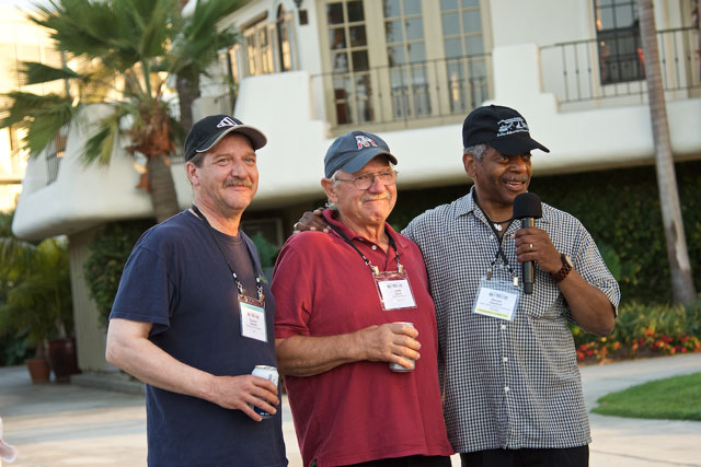 John Davis during a memorial for Keith Davis at a San Diego observer conference in 2016, flanked by Reuben Beazley, left, a veteran observer, and Dennis Hansford, right, of the U.S. National Marine Fisheries Service.