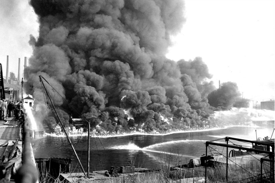 The Cuyahoga river on fire in 1952.