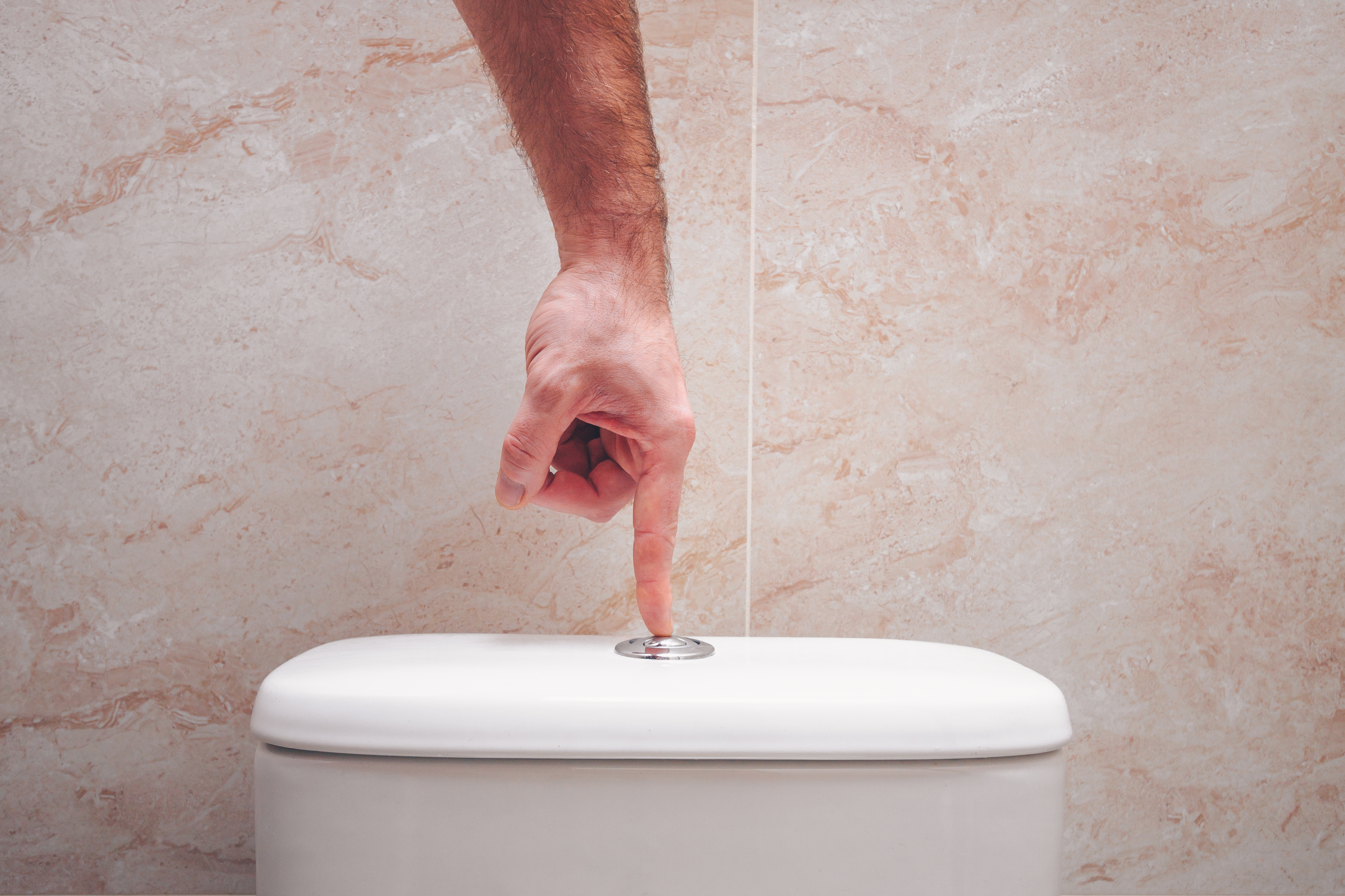 Hand pressing the flush button on the toilet bowl.