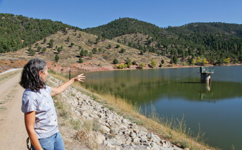 Laura McCarthy of the Rio Grande Water Fund points to a hillside near a Santa Fe, New Mexico reservoir where forest density has been reduced to fire-safe levels. 