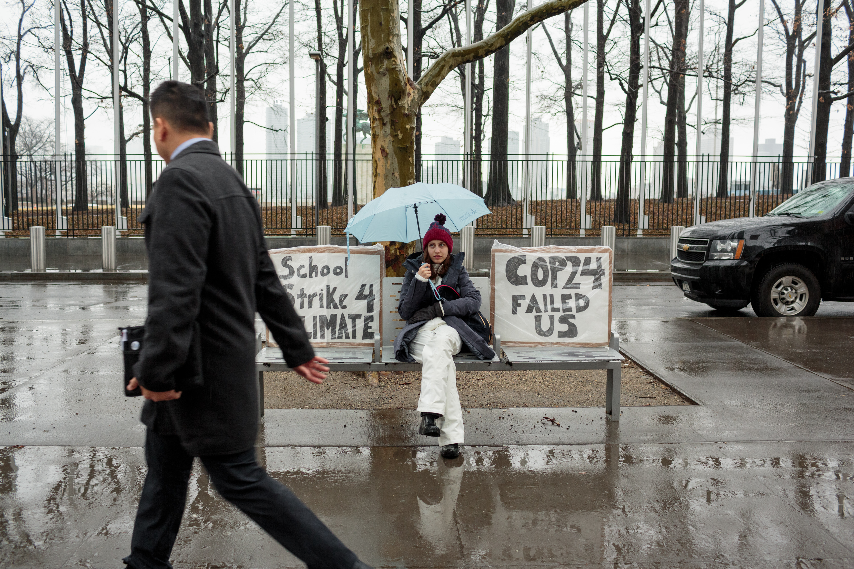 Alexandria skips school on Friday morning to strike in front of the U.N., with signs reading: 