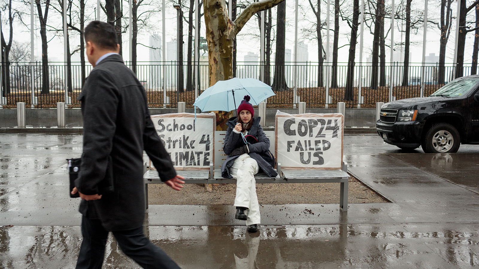 Alexandria Villasenor skips school on Friday morning to strike in front of the UN, with signs reading: 