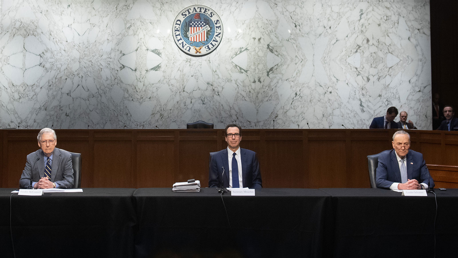 Senate Majority Leader Mitch McConnell, Secretary of Treasury Steven Mnuchin, and Senate Minority Leader Chuck Schumer