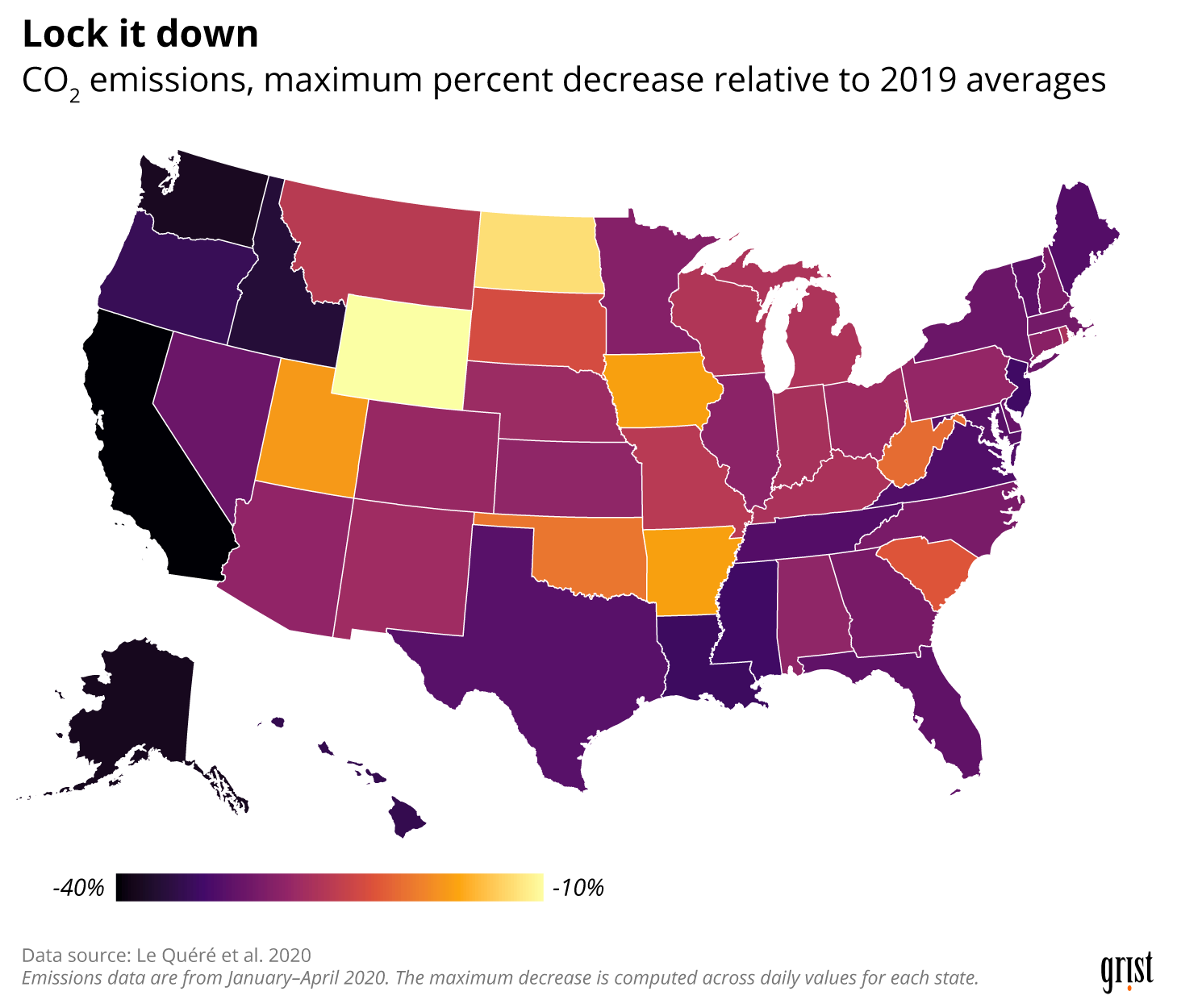 A map of U.S. states illustrating the maximum percent decrease in carbon dioxide emissions between January and April 2020. The decreases range from 10% to 40%