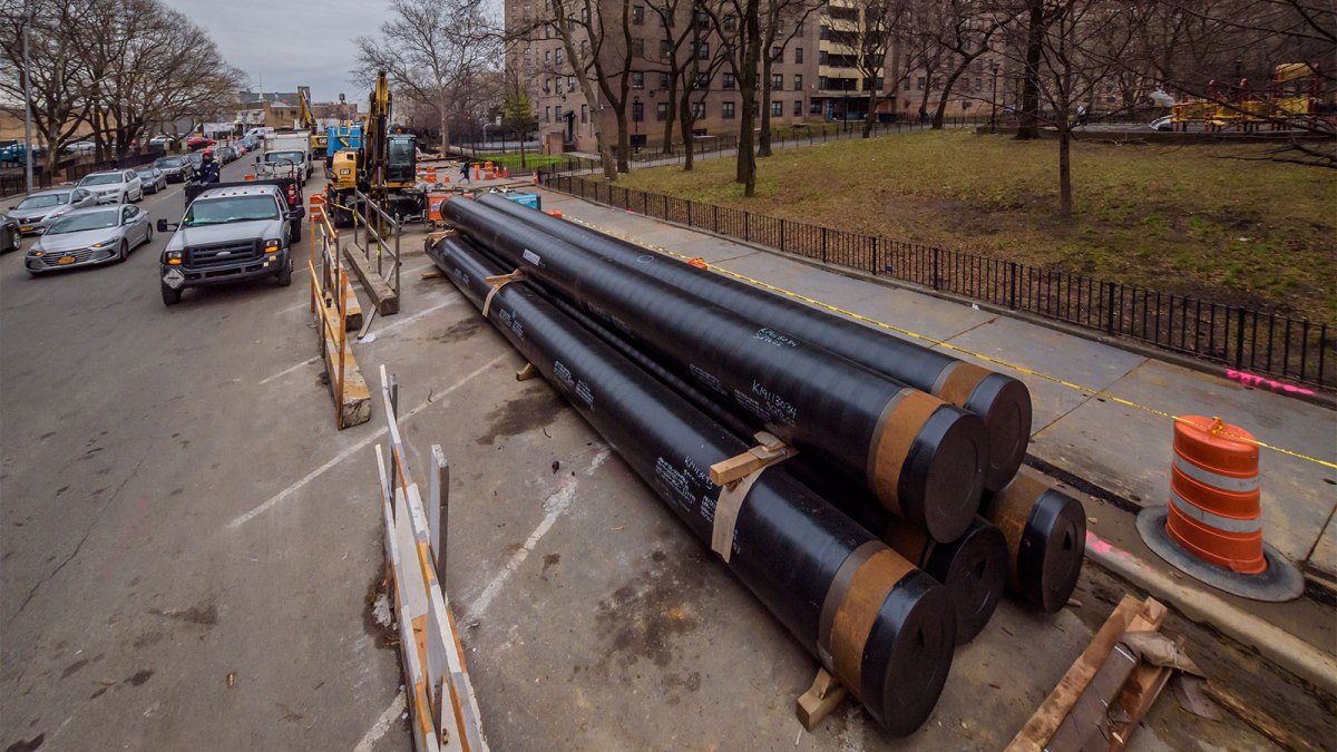 Pipelines stored on the side of the street in Brooklyn