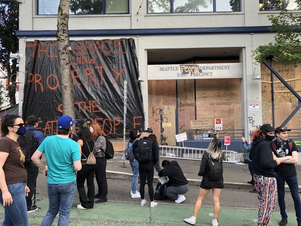 front of east precinct police station in seattle CHOP