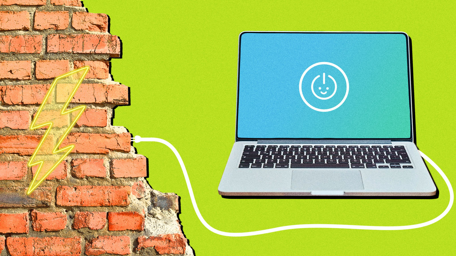 An image of a laptop plugged into a wall of red bricks