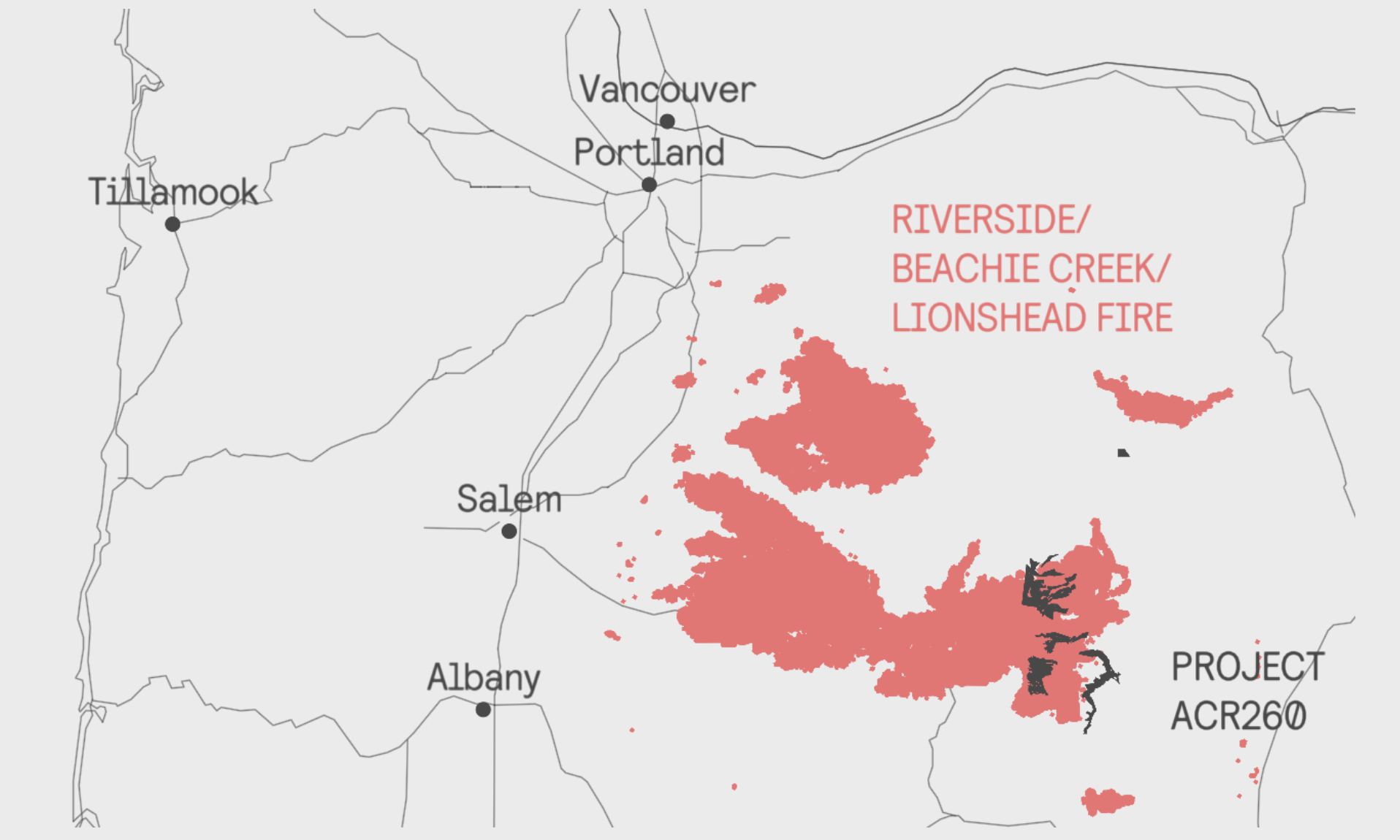 A map showing the Lionsehead Fire mostly covering the Warm Springs carbon offsetting project.