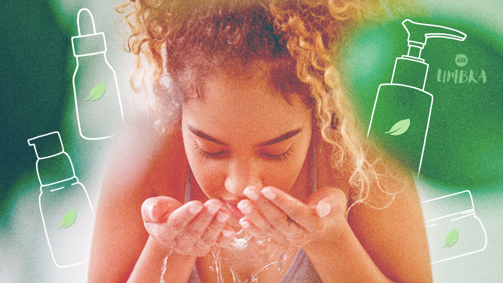 Mixed race woman washing her face with drawings of skin care products in the background