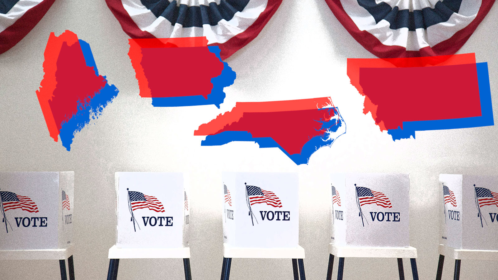 Four swing states against a backdrop of voting booths.