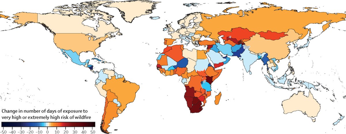 Map of change in number of days of exposure to very high or extremely high risk of wildfire