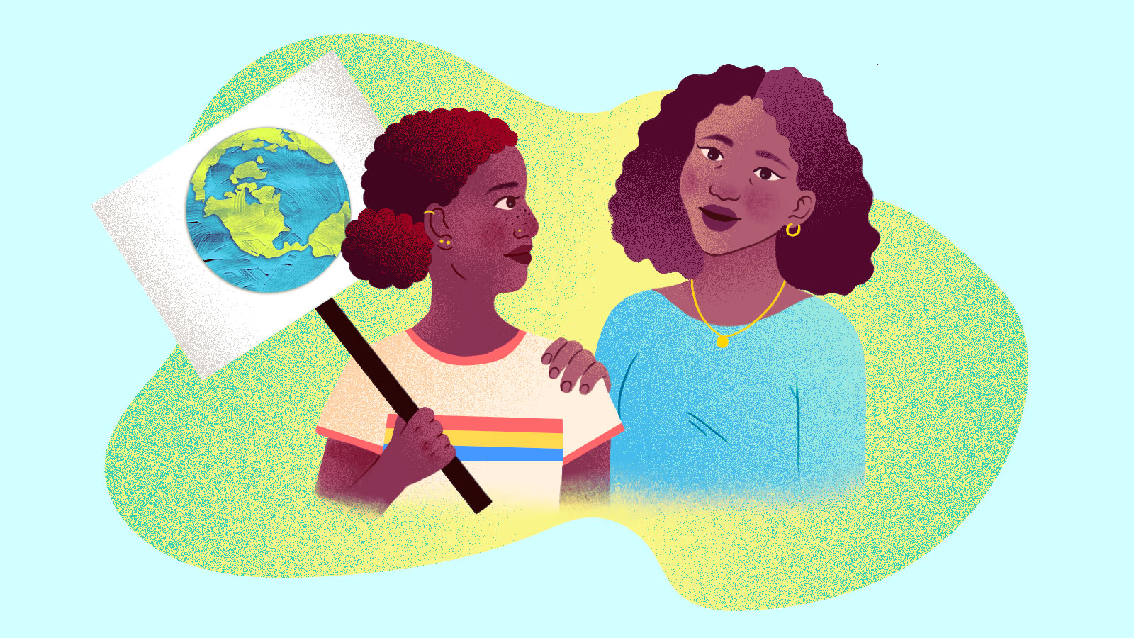 An illustration of a daughter, holding a protest sign with a painting of the Earth on it, and her mother talking to her.