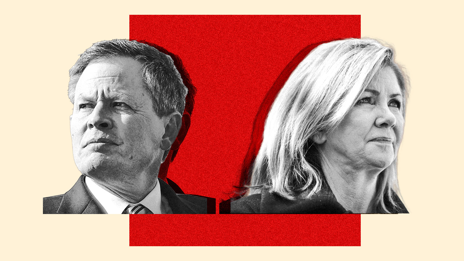 A photo collage of Steve Daines and Marsha Blackburn with a red square behind them.