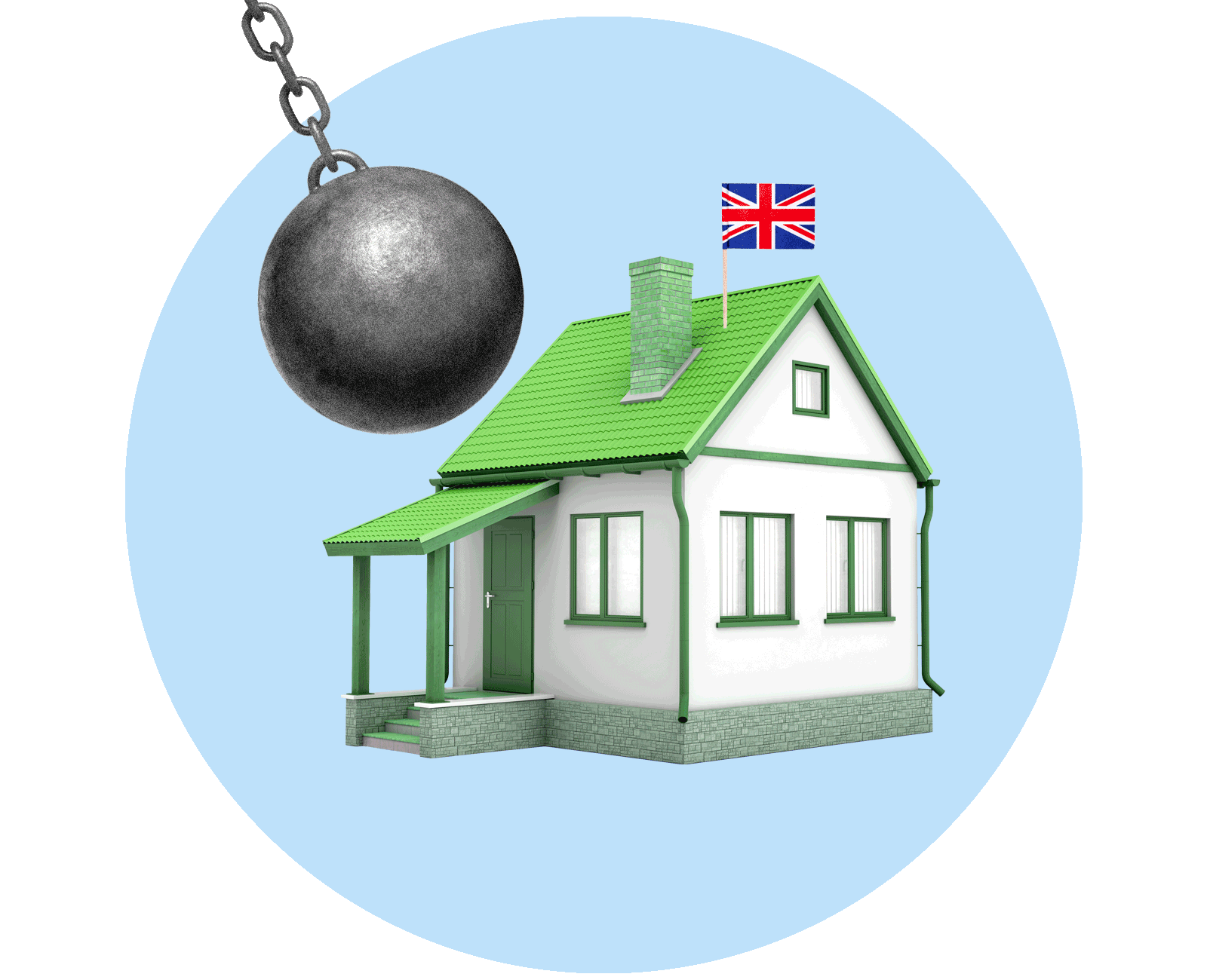 A wrecking ball swinging towards a green house with a UK flag on the roof