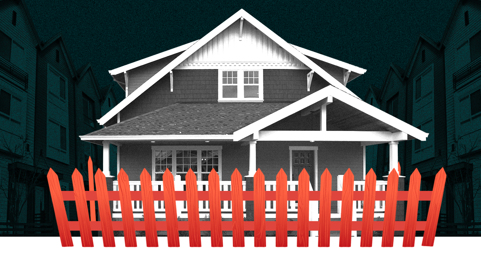 A large house with a red picket fence drawn around it and multi family housing on each side of the image