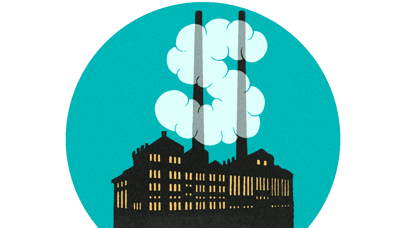 Illustration of silhouetted factory with smokestacks and clouds forming a dollar sign