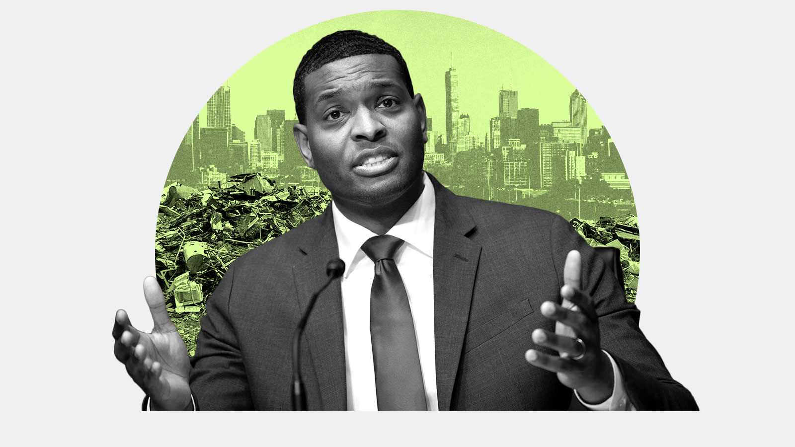 Michael Regan in front of a circular background of a Chicago scrapyard