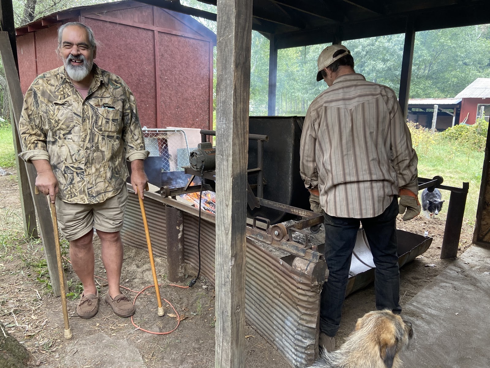 An older man with a gray beard stands on the right, smiling at the camera. He is wearing a camo shirt and khaki shorts and each hand has a walking stake. On the right, the back of a man in a striped shirt can be seen working on a wild rice processing bin. A dog can be seen in the lower right hand corner.