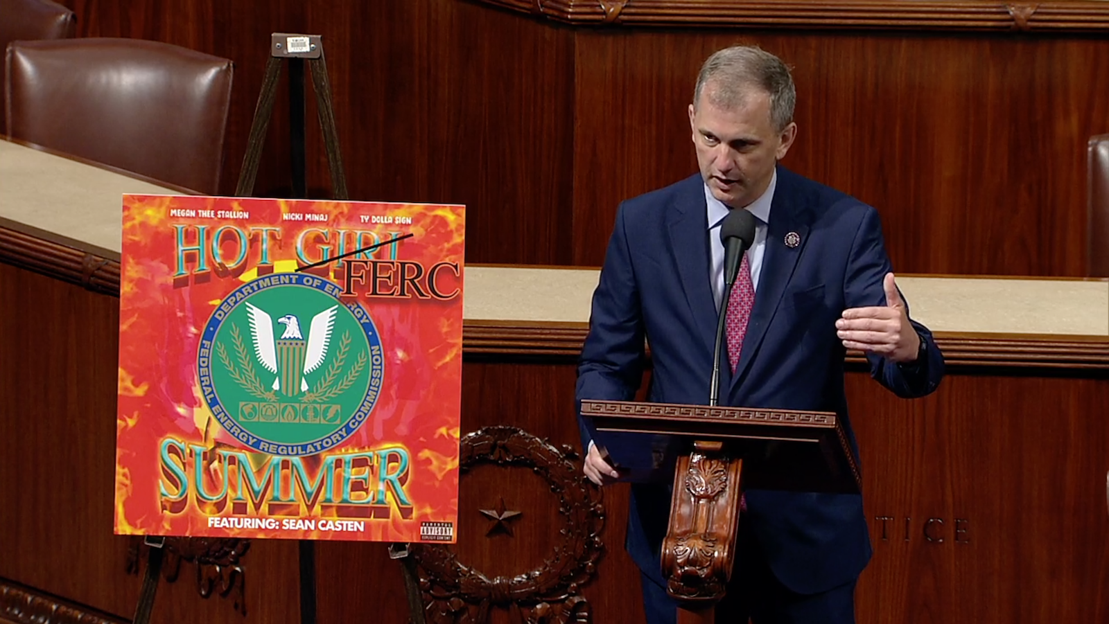 Rep. Sean Casten stands on the House floor introducing his hot FERC summer campaign