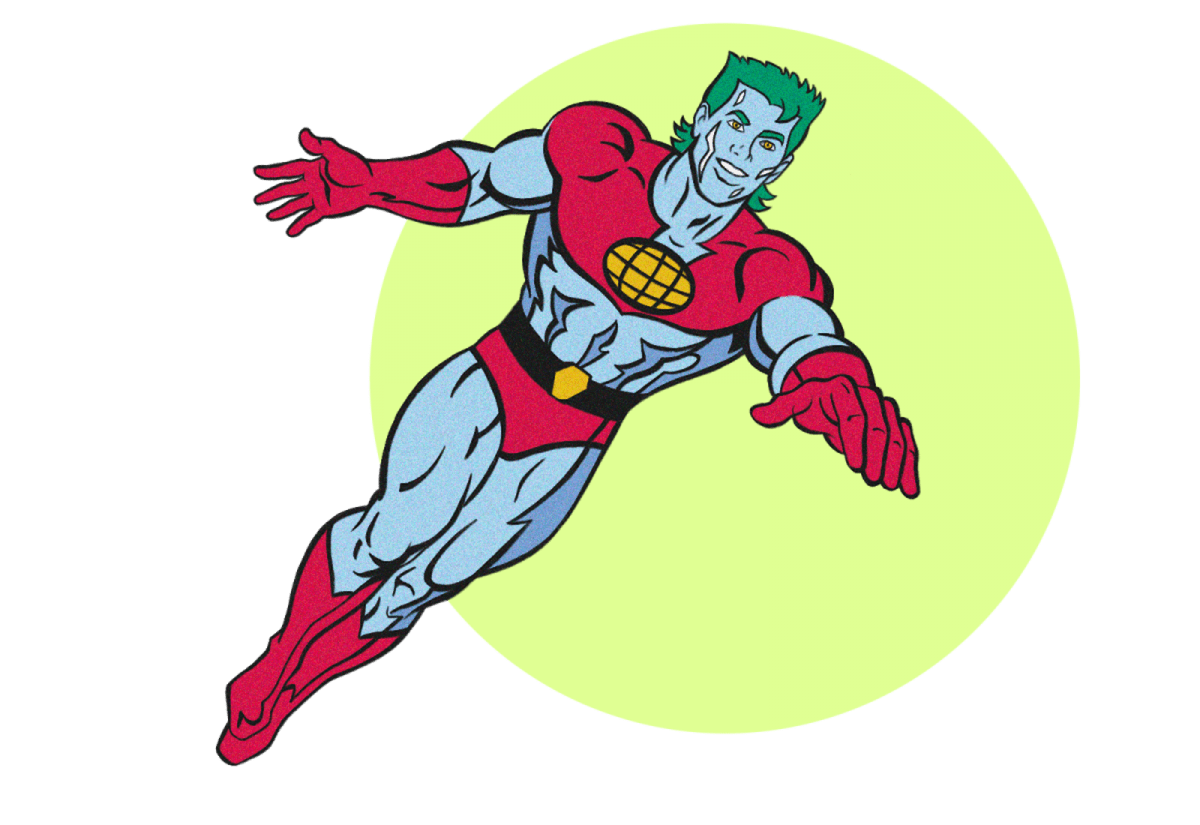 Captain Planet on top of a bright green circle