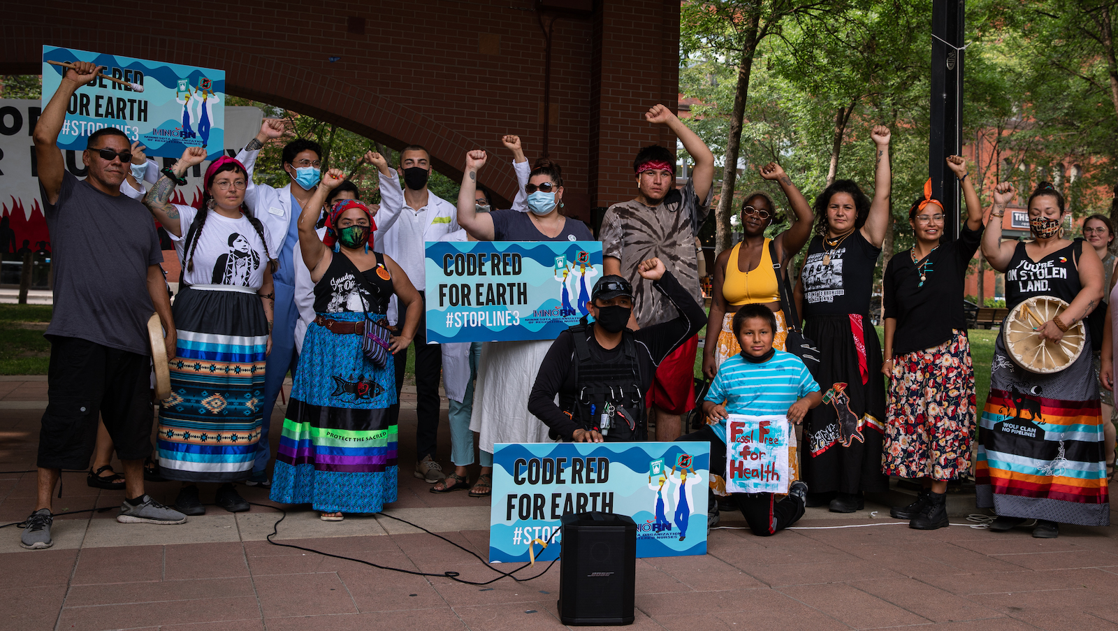 Physicians and Indigenous water protectors at a rally in St. Paul.