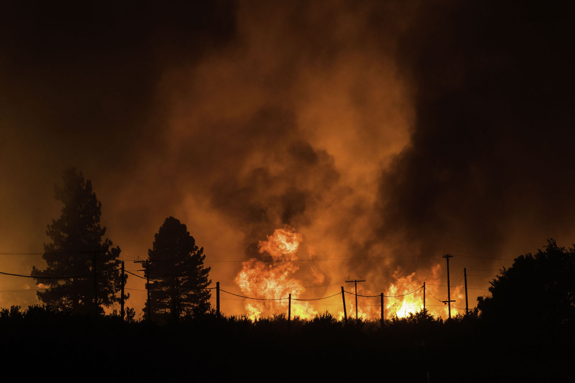 a landscape scene where large, red flames burn behind trees and power lines