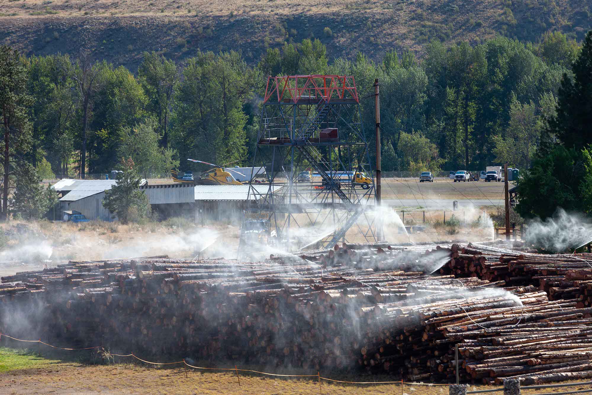 A huge pile of logs rest on dried grass during a hot summer day.