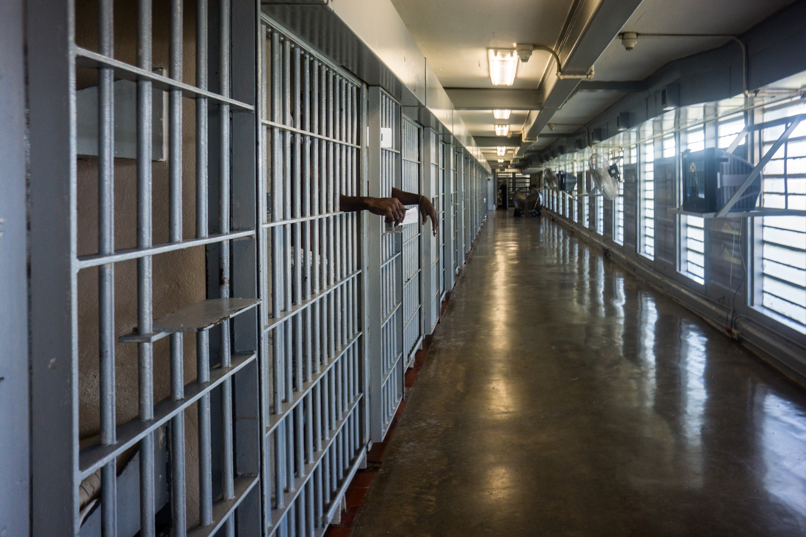 Hands stretch outside of a jail cell