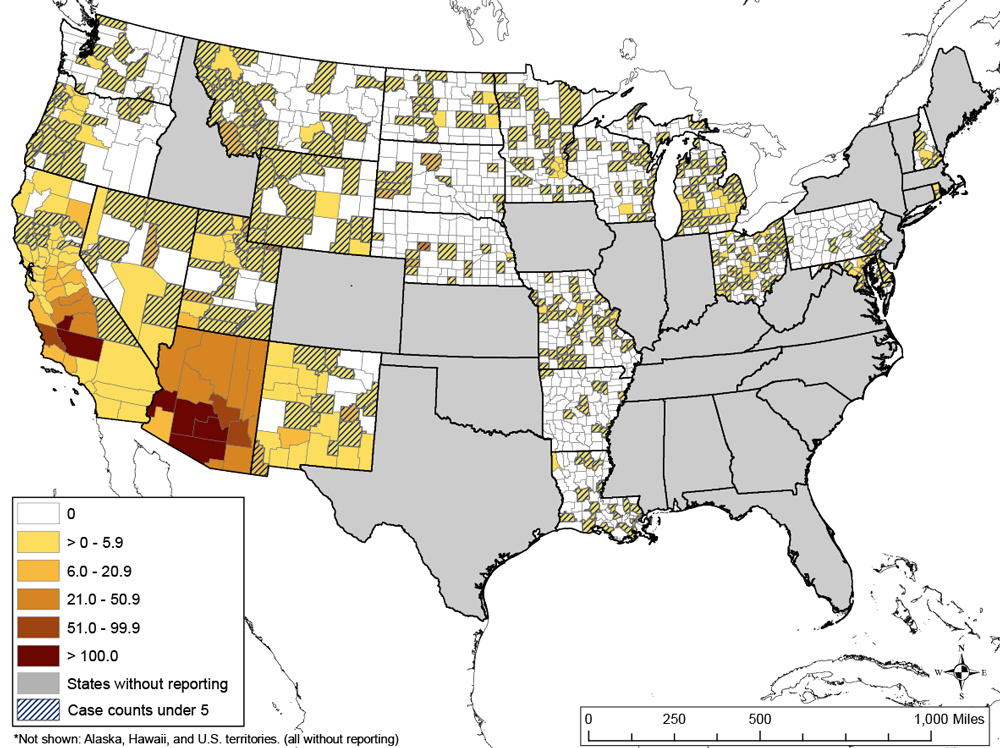 a map showing valley fever outbreaks from 2017, the most recent year with data available