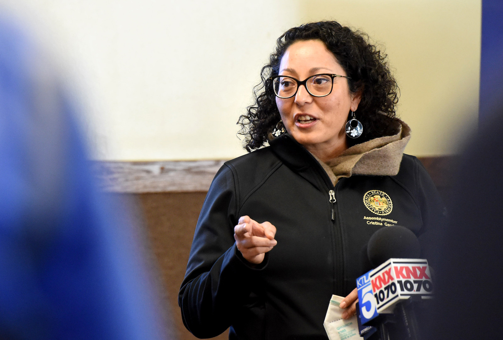 a woman in glasses and a black jacket talks while pointing. A microphone is pointed at her