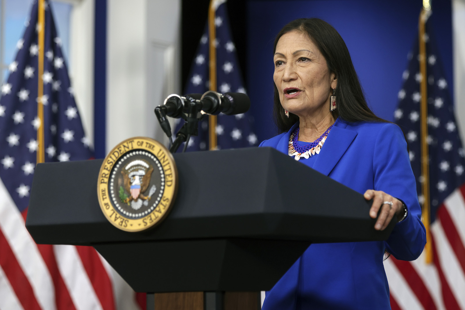 U.S. Interior Secretary Deb Haaland delivers remarks at the 2021 Tribal Nations Summit.