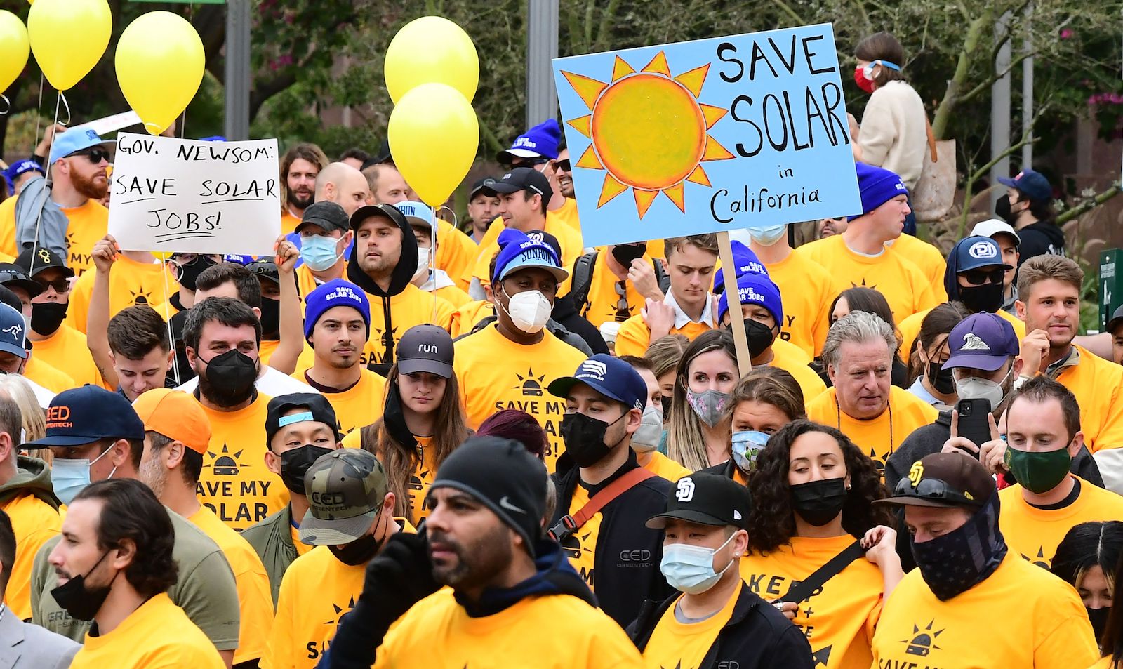 A crowd of protestors hold signs saying "Save Solar Jobs."